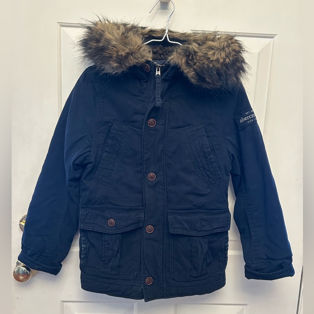 Abercrombie Kids navy military style coat with pockets/fur trim hood Medium 8/10